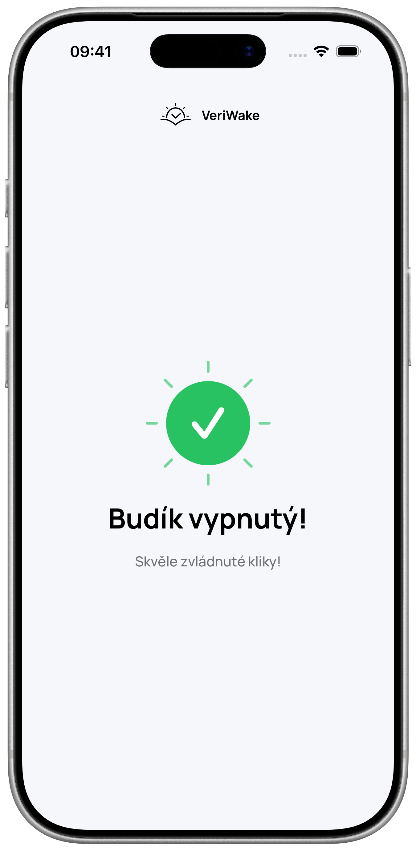 Obrazovka dokončení ve VeriWake v rámečku iPhonu potvrzující vypnutí budíku po klicích