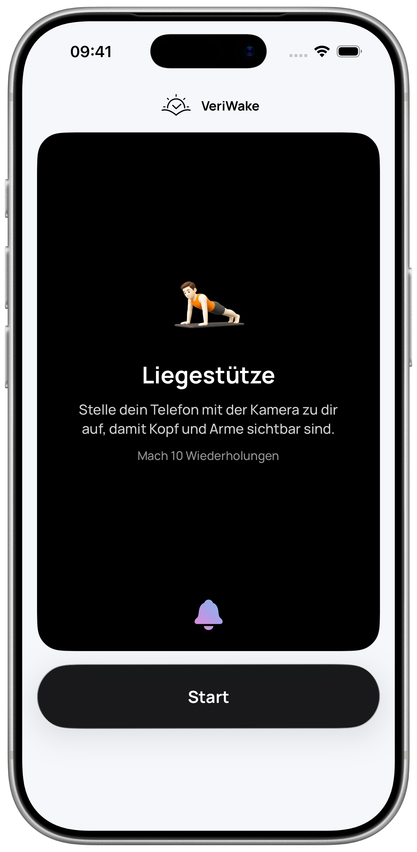 VeriWake-Missionsansicht „Liegestütze“ in einem iPhone-Rahmen mit der Aufforderung, zehn Wiederholungen zu machen