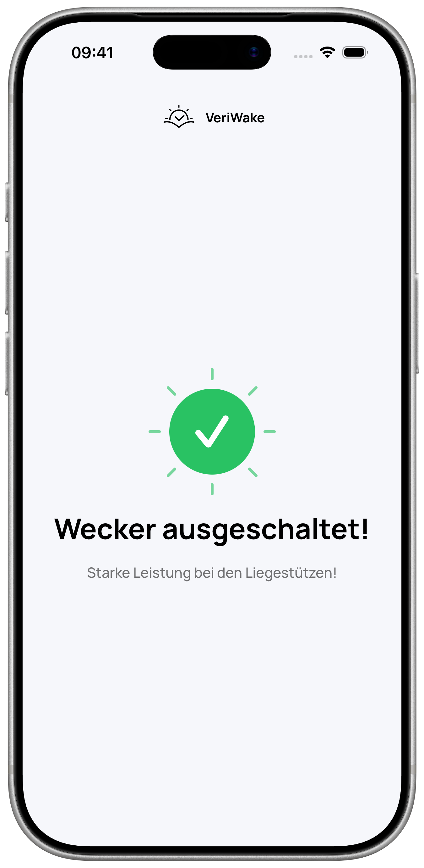 VeriWake-Abschlussansicht in einem iPhone-Rahmen mit der Bestätigung, dass der Wecker nach den Liegestützen ausgeschaltet wurde
