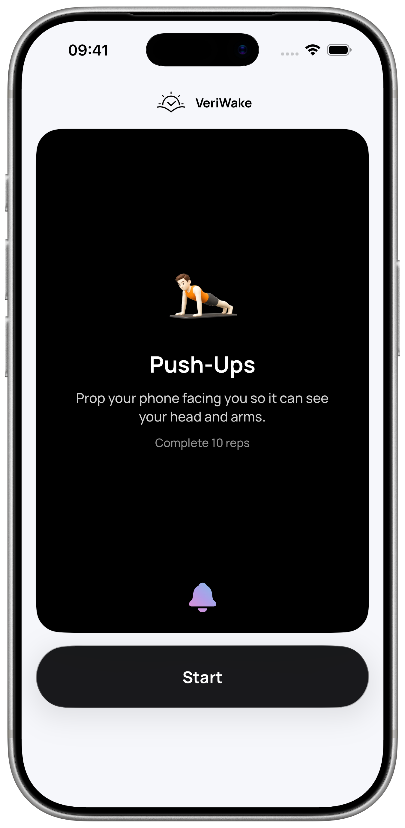 VeriWake Push-Ups mission screen in an iPhone frame prompting the user to complete ten repetitions