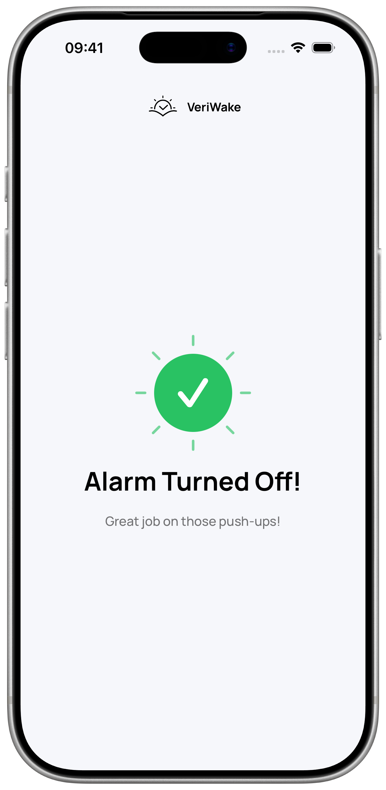 VeriWake completion screen in an iPhone frame confirming that the alarm was turned off after push-ups
