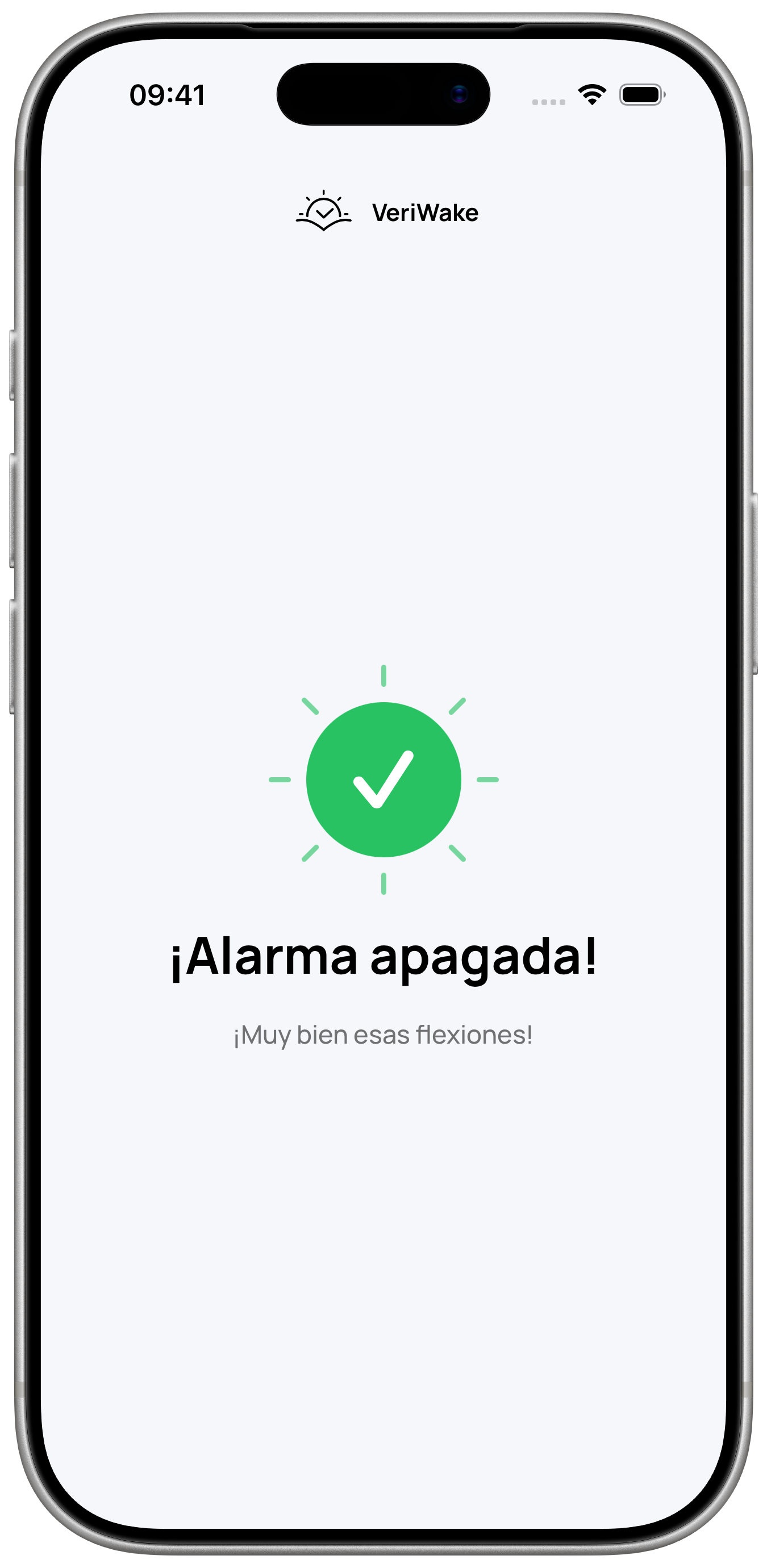 Pantalla de finalización de VeriWake en un marco de iPhone que confirma que la alarma se ha apagado después de las flexiones