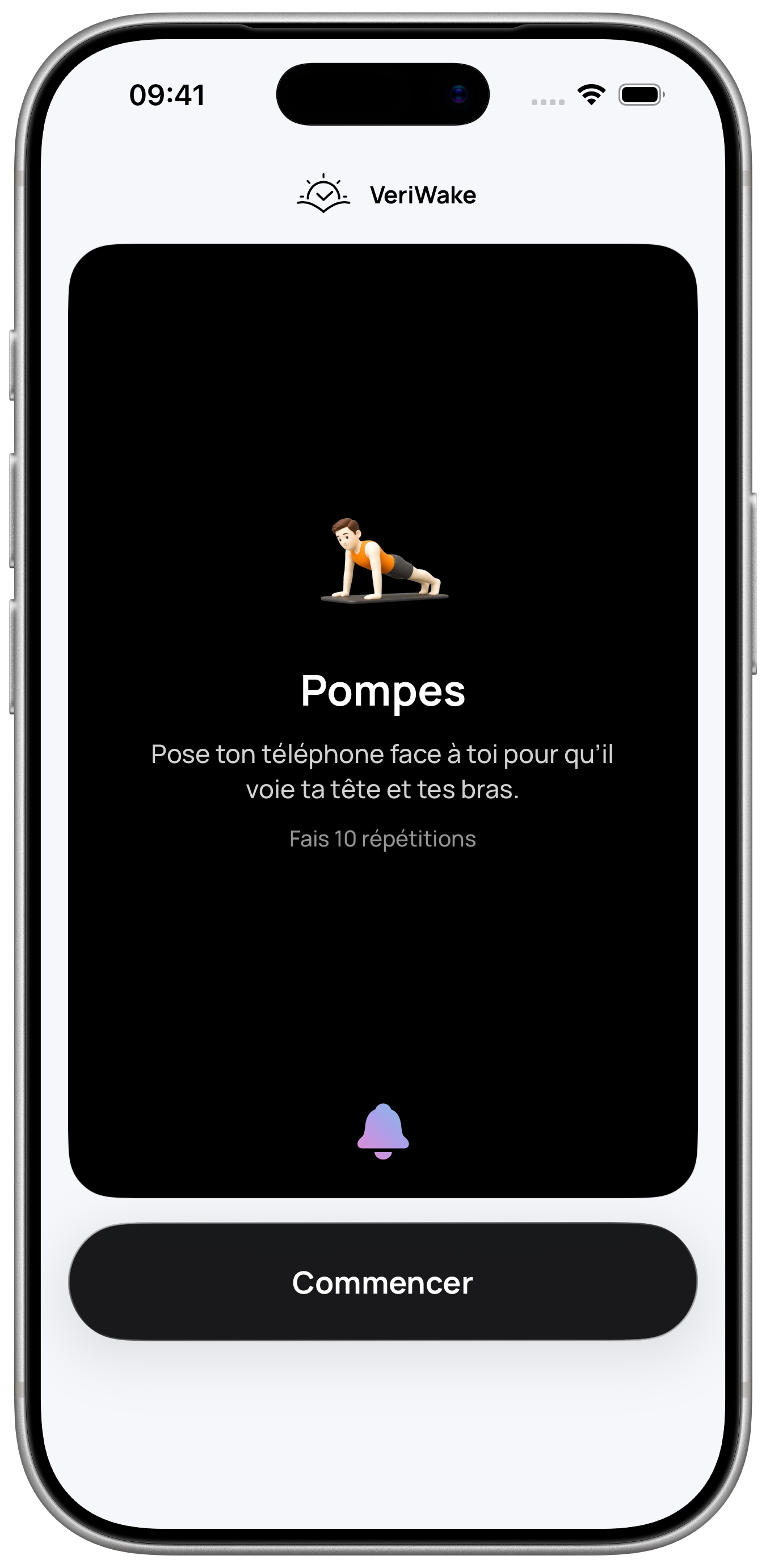 Écran de la mission Pompes de VeriWake dans un cadre d’iPhone, demandant de faire dix répétitions