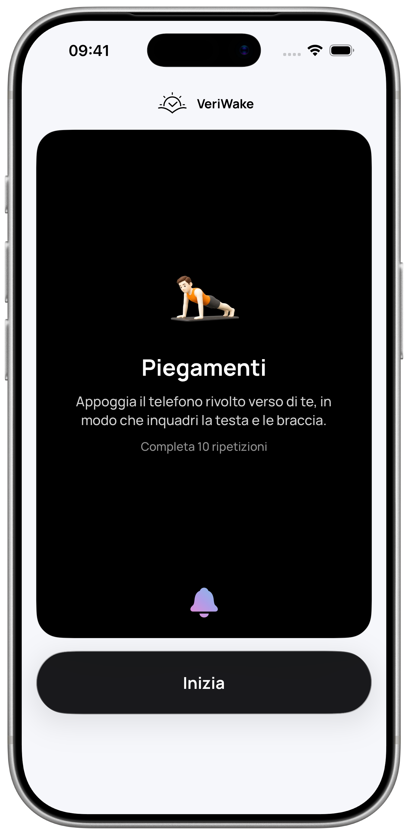 Schermata della missione Piegamenti di VeriWake in una cornice iPhone che richiede di completare dieci ripetizioni