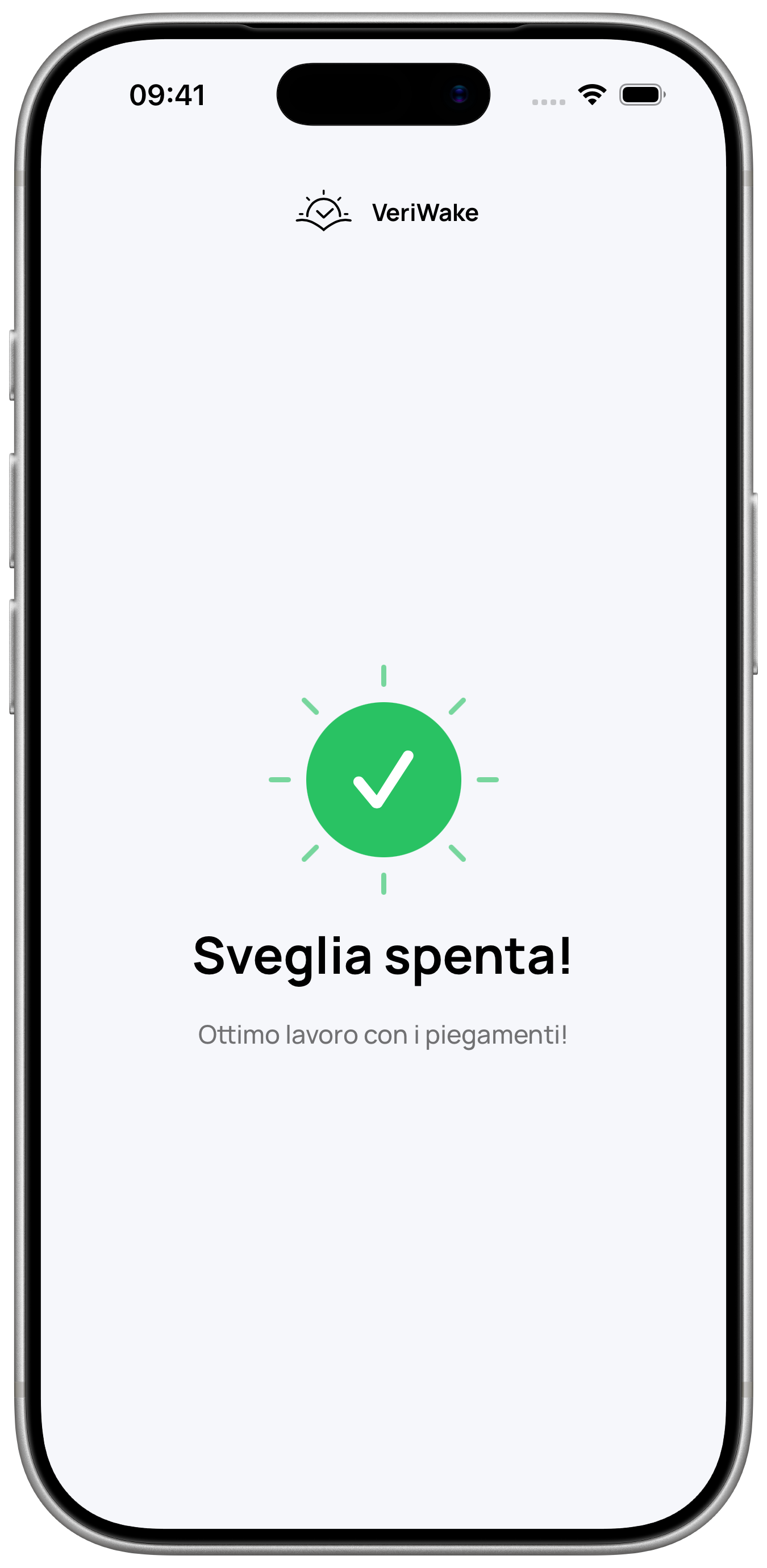 Schermata di completamento di VeriWake in una cornice iPhone che conferma lo spegnimento della sveglia dopo i piegamenti