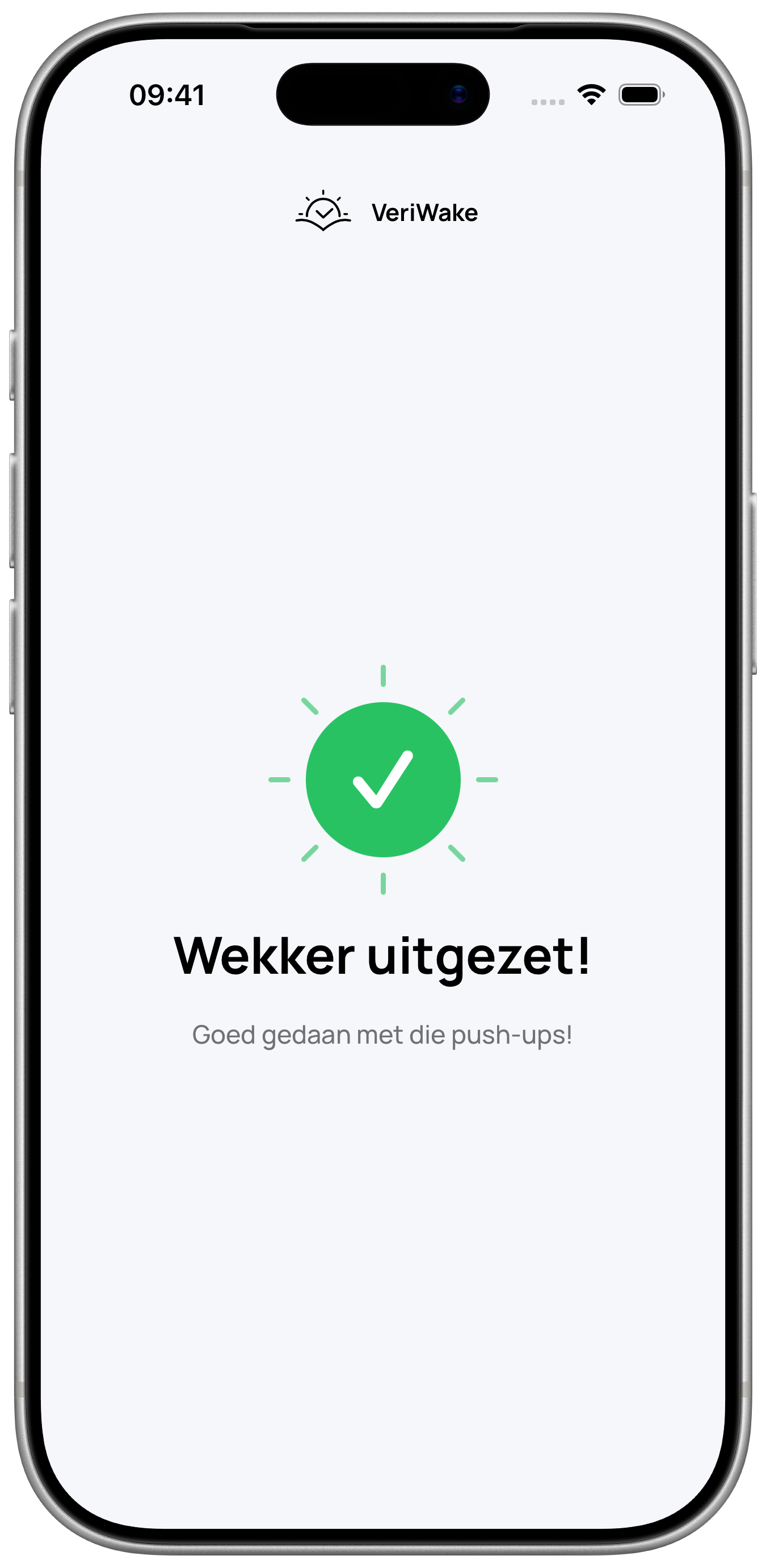 VeriWake-voltooiingsscherm in een iPhone-kader dat bevestigt dat de wekker na de push-ups is uitgezet