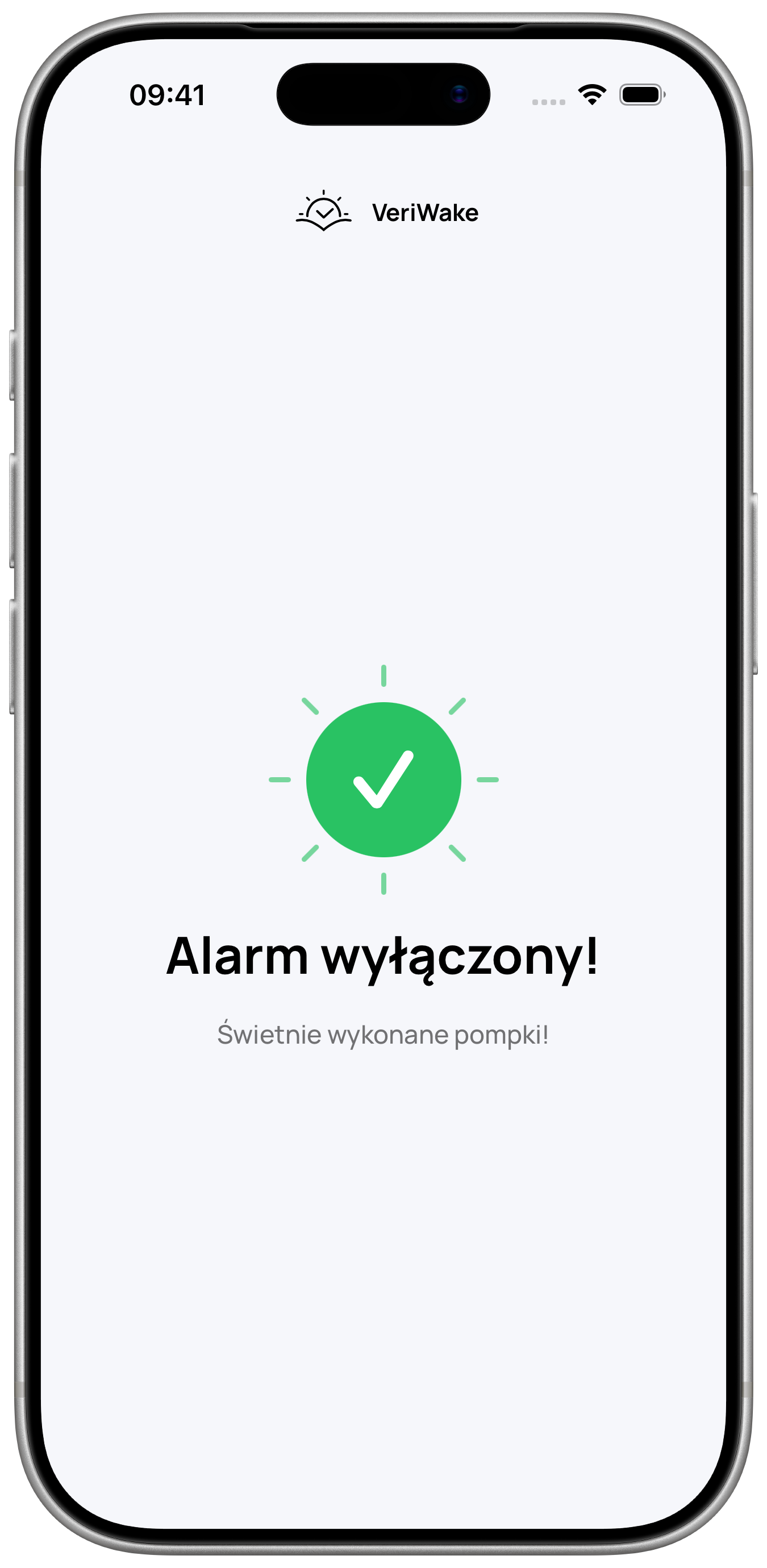 Ekran ukończenia VeriWake w ramce iPhone’a z potwierdzeniem wyłączenia alarmu po pompkach