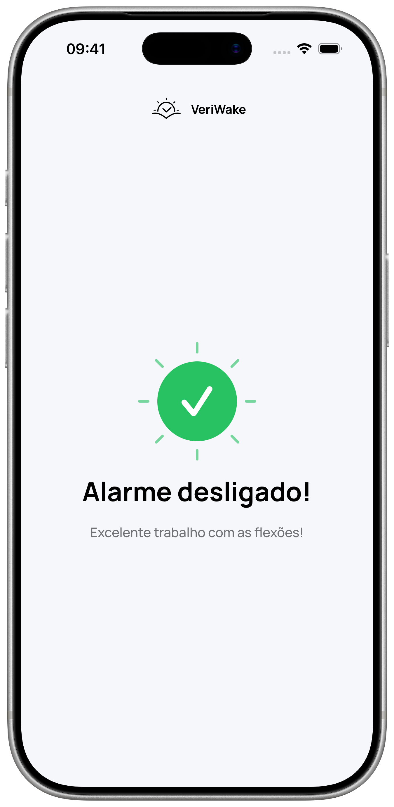 Ecrã de conclusão do VeriWake numa moldura de iPhone, a confirmar que o alarme foi desligado depois das flexões