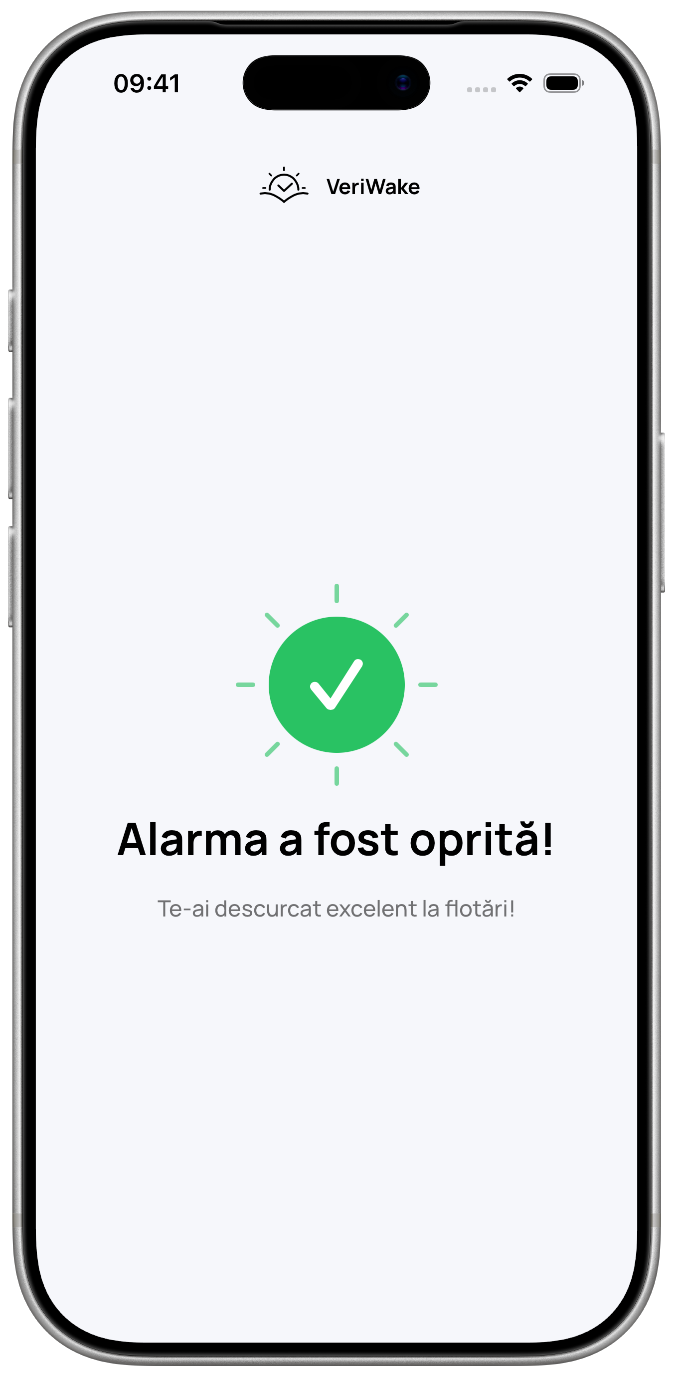 Ecranul de finalizare din VeriWake într-o ramă de iPhone, care confirmă oprirea alarmei după flotări