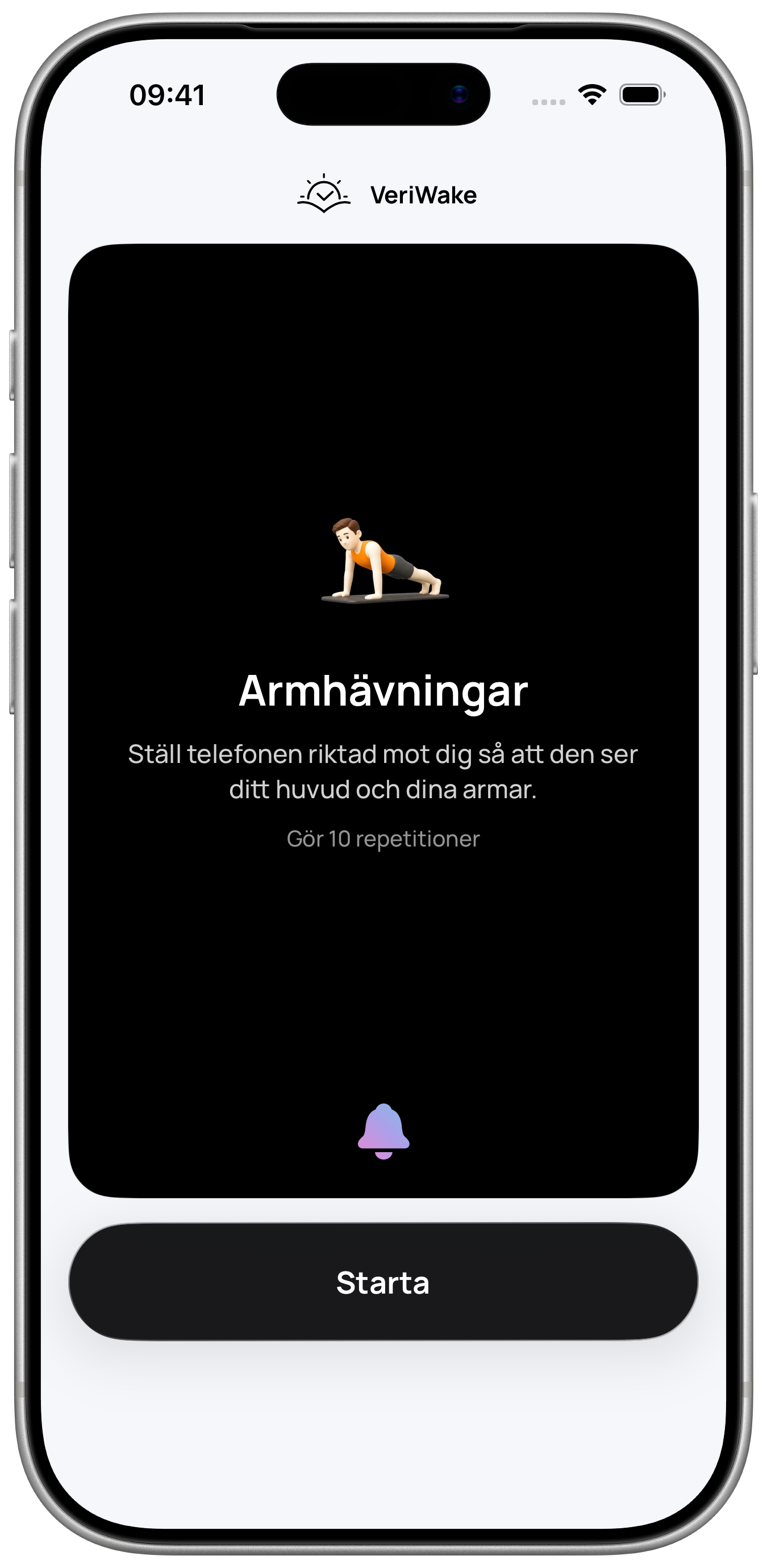VeriWake-skärm för uppdraget Armhävningar i en iPhone-ram som uppmanar användaren att göra tio repetitioner